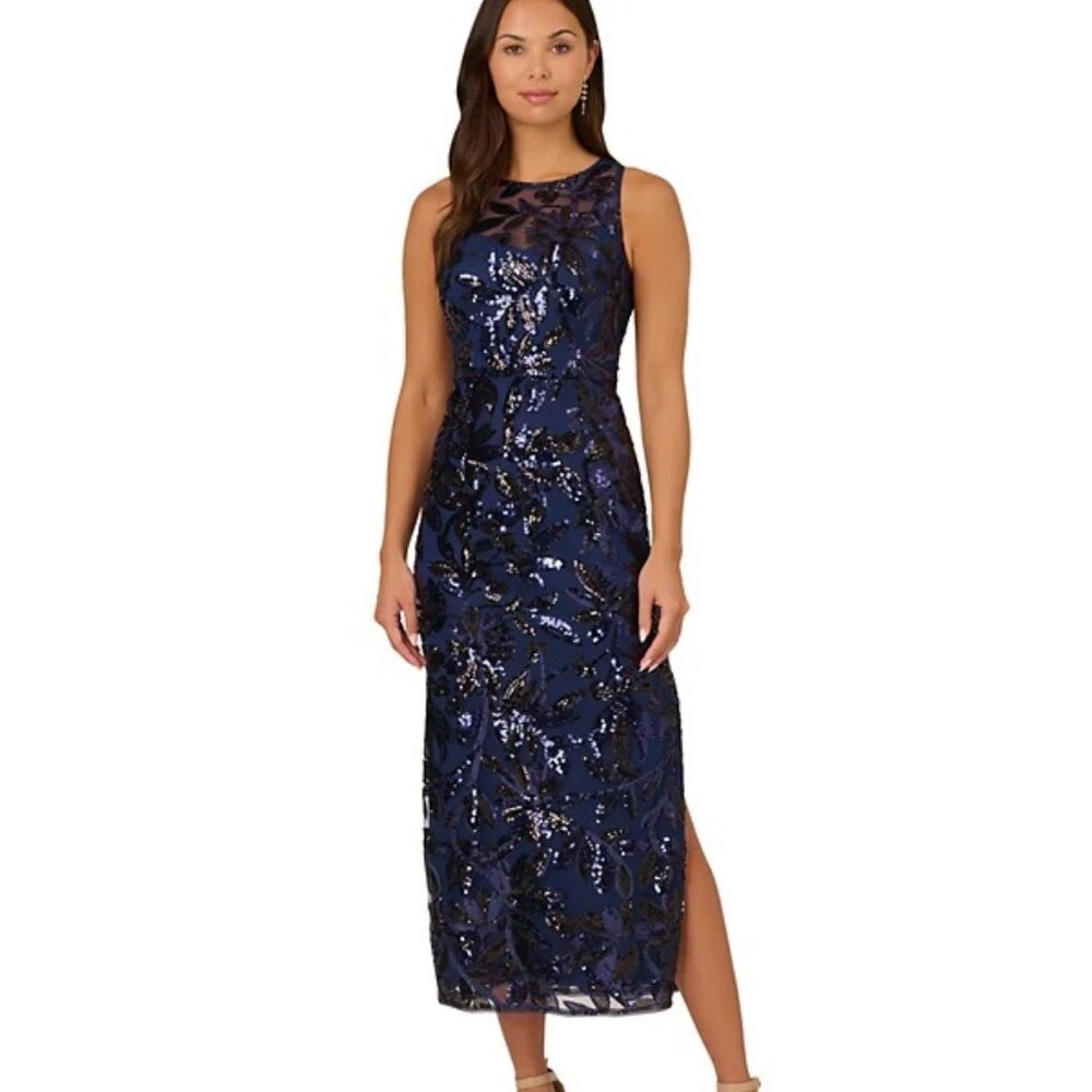Adrianna Papell Women's Sequined Halter Sheath Dress Navy Size 18